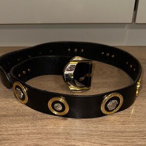 Versace Vintage Medusa Black Leather Gold Accents Belt